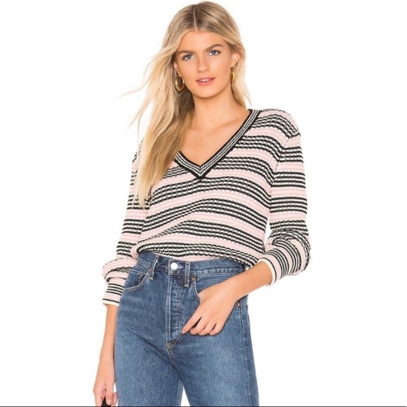 Tularosa Striped Knit V-Neck Ribbed Sweater Pink Black Pullover Sz XL - Picture 1 of 8